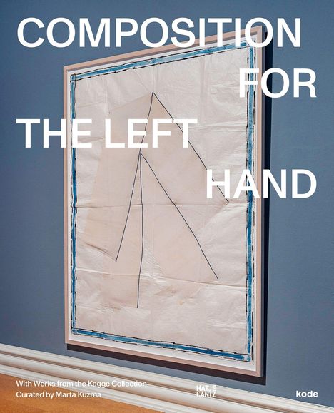 "COMPOSITION FOR THE LEFT HAND" steht groß über einem eingerahmten Kunstwerk mit abstrakten Linien.
