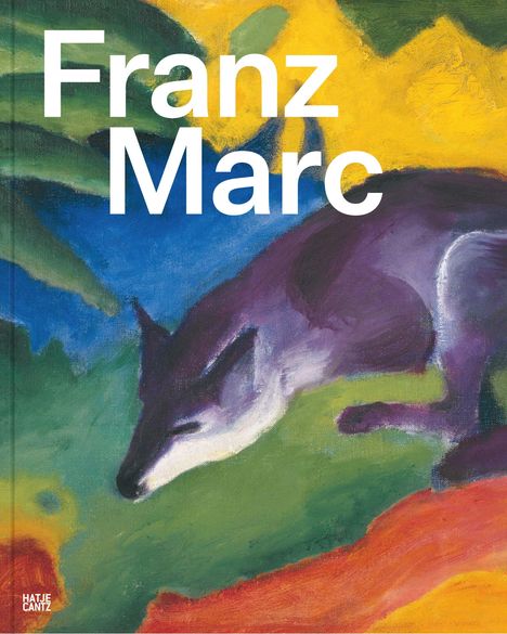 Oberhalb: "Franz Marc". Unten: Ein Gemälde mit einem liegenden, violetten Tier auf buntem, abstraktem Hintergrund.