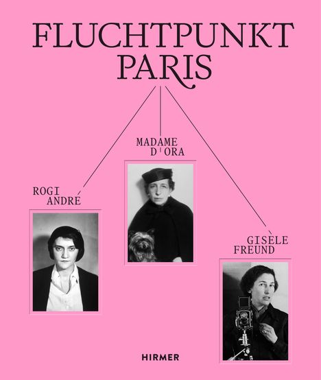 Text "FLUCHTPUNKT PARIS" oben, darunter Porträts von Rogi André, Madame D'Ora, Gisèle Freund auf rosa Hintergrund.