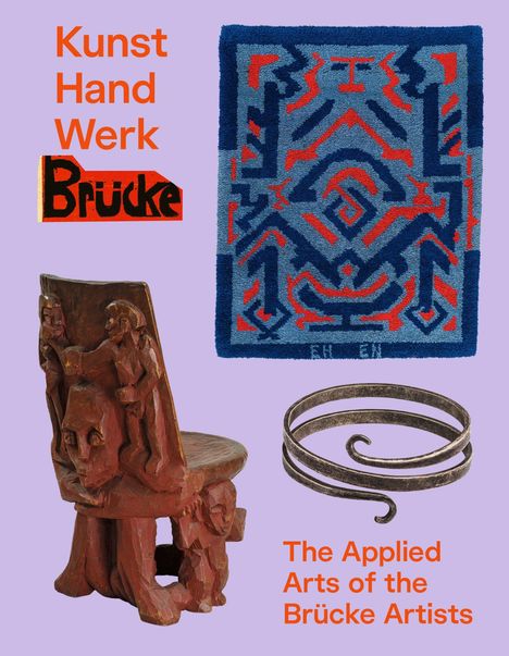 „Kunst Hand Werk Brücke“, handgewebter Teppich, geschnitzter Stuhl, Metallarmreif. Hintergrund in hellem Lila.