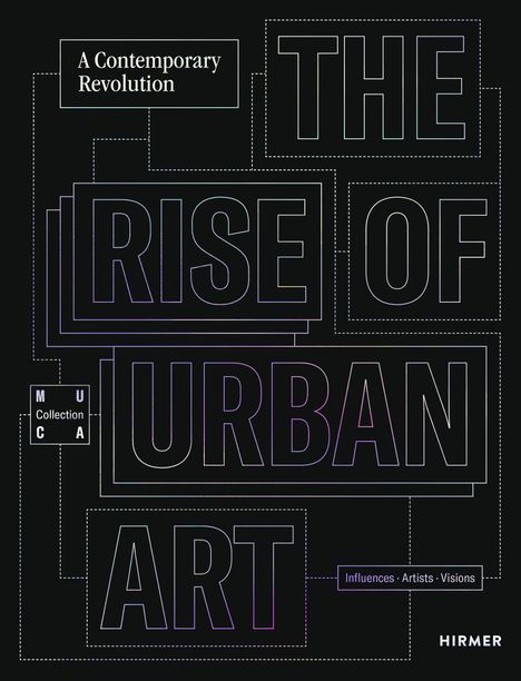 Texte: "A Contemporary Revolution", "THE RISE OF URBAN ART", "MUCA Collection", "Influences · Artists · Visions". Dunkler Hintergrund.
