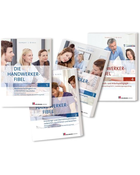 Mehrere Buchcover mit Titeln wie "DIE HANDWERKER-FIBEL," Bandnummern und Themen wie Unternehmensbewertung.