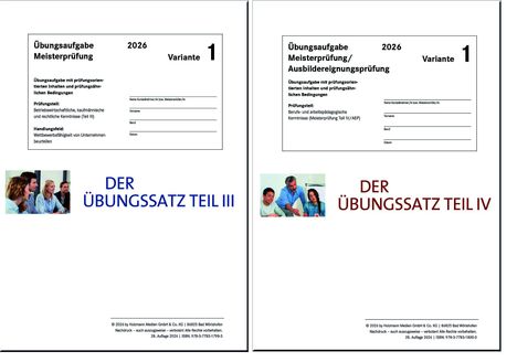 Links "Übungsaufgabe Meisterprüfung 2026, Variante 1", "ÜBUNGSSATZ TEIL III". Rechts "ÜBUNGSSATZ TEIL IV".