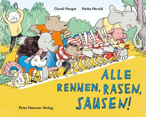 Titel: "ALLE RENNEN, RASEN, SAUSEN!". Tiere in Sportkleidung stehen an einer Startlinie. Fröhliche Atmosphäre.