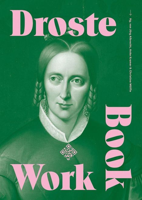 "Droste Work Book" in großen, rosa Buchstaben auf grünem Hintergrund. Ein Porträt einer Frau in historischer Kleidung.