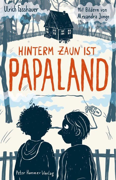 Text: "HINTERM ZAUN IST PAPALAND." Autorenname und Illustrationsvermerk. Zwei Kinder schauen auf ein abgelegenes Haus im Wald.