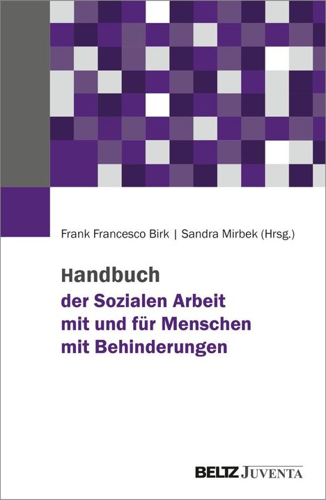 „Handbuch der Sozialen Arbeit mit und für Menschen mit Behinderungen“. Buntes Muster aus lila und grauen Quadraten.