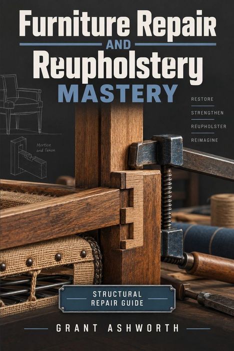 „Furniture Repair and Reupholstery Mastery“; dunkle Holzverbindung, Schraubzwinge, Skizzen eines Stuhls und Holzverbindung.