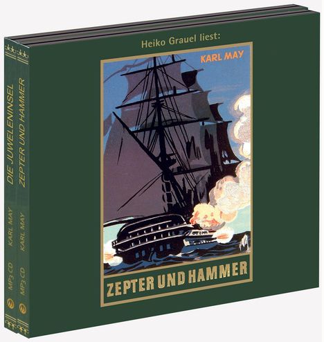 „Heiko Grauel liest: ZEPTER UND HAMMER“ von Karl May. Ein Segelschiff mit dunklen Segeln und Rauchwolken.