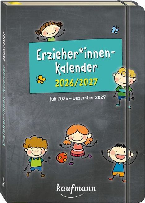 Erzieher*innen-Kalender 2026/2027, Juli 2026 – Dezember 2027. Fröhliche Kinderzeichnungen mit bunten Schmetterlingen und Käfern.