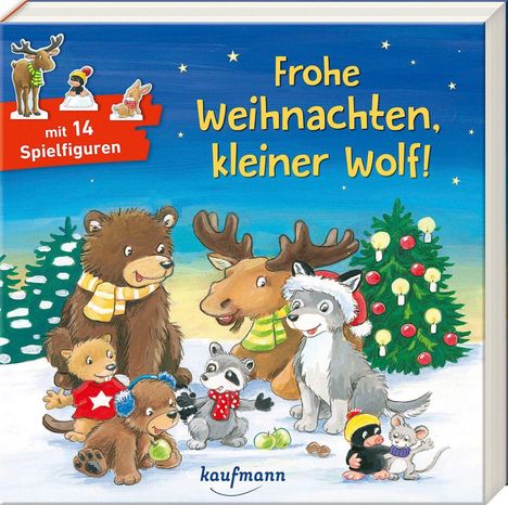 "Frohe Weihnachten, kleiner Wolf!", "mit 14 Spielfiguren". Bunte Tiere mit Winterkleidung um einen Weihnachtsbaum.