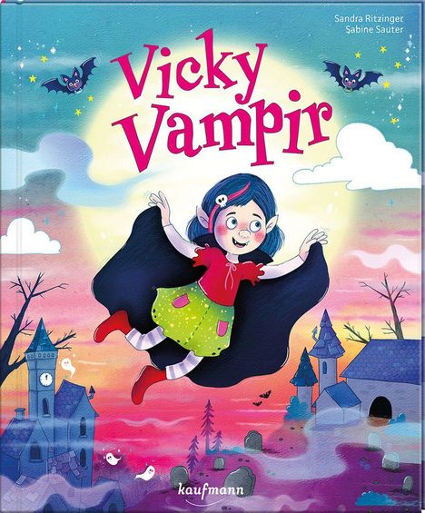 "Vicky Vampir" in großen, pinken Buchstaben. Illustration eines fröhlichen Vampirmädchens, das durch die Luft schwebt.