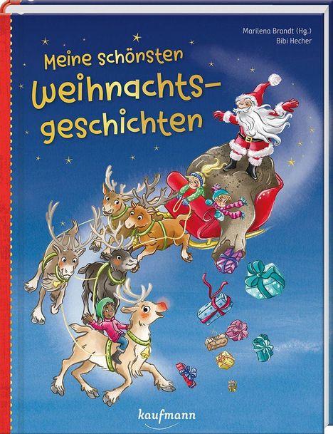 „Meine schönsten Weihnachtsgeschichten“, Illustration: Weihnachtsmann im Schlitten mit Rentieren, Geschenke fallen herab.