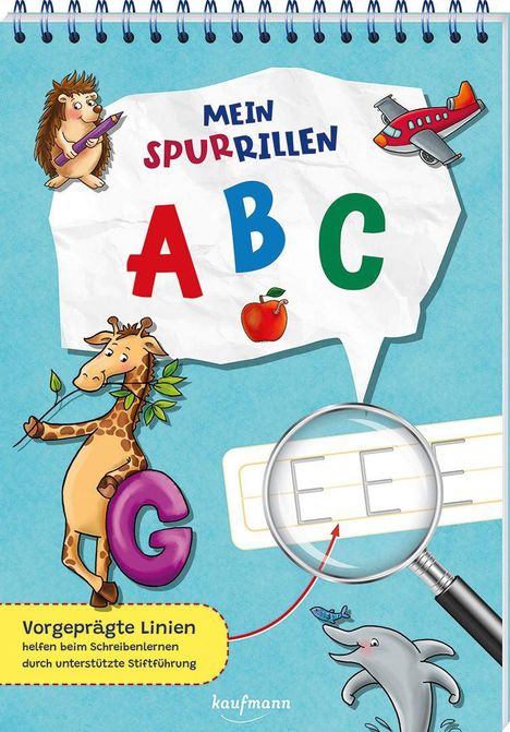 "Mein SpurRillen ABC", bunte Buchstaben, Tierillustrationen (Igel, Giraffe, Delfin), Lupe zeigt Linienmuster.