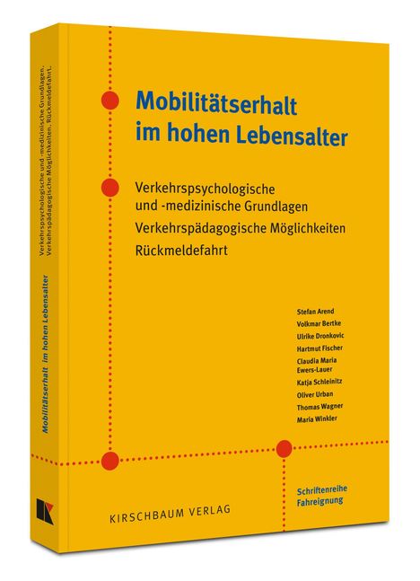 "Mobilitätserhalt im hohen Lebensalter" auf gelbem Hintergrund. Autorenliste rechts. Verlag KIRSCHBAUM unten.
