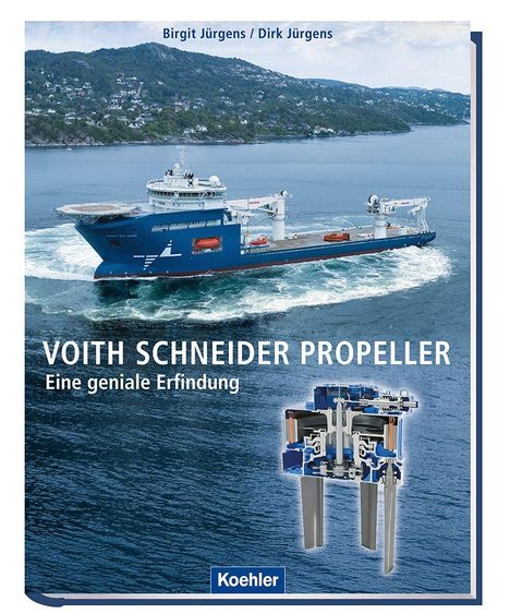 „VOITH SCHNEIDER PROPELLER. Eine geniale Erfindung.“ Ein großes Schiff auf dem Wasser und technische Illustration.