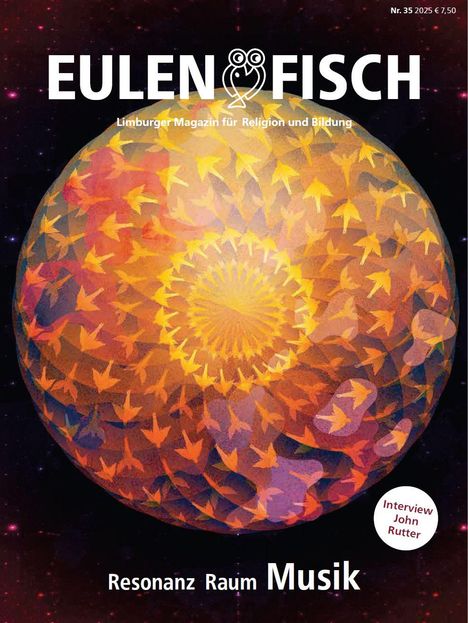"EULENFISCH", Limburger Magazin, Resonanz Raum Musik, Interview John Rutter. Bunte, geometrische Illustration mit Vogelmotiven.