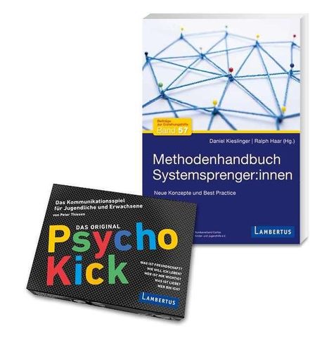 Zwei Lambertius-Produkte: ein Buch "Methodenhandbuch Systemsprenger:innen" und das Spiel "Das Original Psycho Kick".