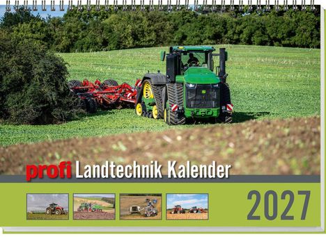 „profi Landtechnik Kalender 2027“. Ein grüner Traktor auf einem Feld, kleine Bilder von Traktoren unten.