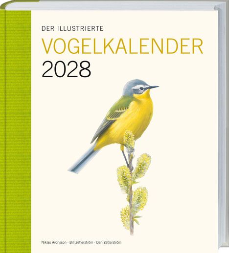 Titel: "DER ILLUSTRIERTE VOGELKALENDER 2028". Illustration: Ein bunter Vogel auf einem Zweig mit Blüten.