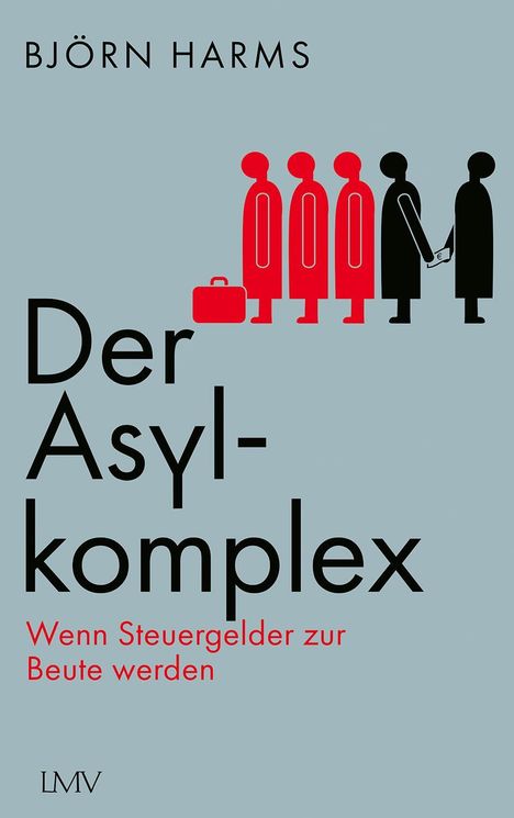 Titel: Der Asylkomplex. Untertitel: Wenn Steuergelder zur Beute werden. Illustration: Personen, eine gibt Geld weiter.