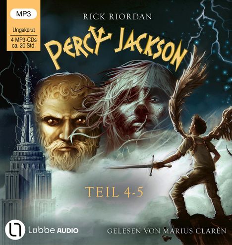 "Percy Jackson Teil 4-5", "Rick Riordan", "Gelesen von Marius Clarén", ein junger Held mit Schwert vor zwei riesigen Gesichtern.