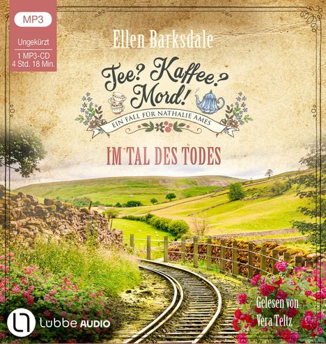 "Ellen Barksdale, Tee? Kaffee? Mord! Im Tal des Todes. Landschaftsillustration mit Schienen und Feldern."
