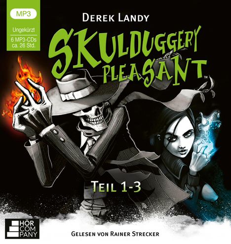 „Derek Landy, Skulduggery Pleasant, Teil 1-3, gelesen von Rainer Strecker.“ Skelettdetektiv und Mädchen mit magischer Energie.