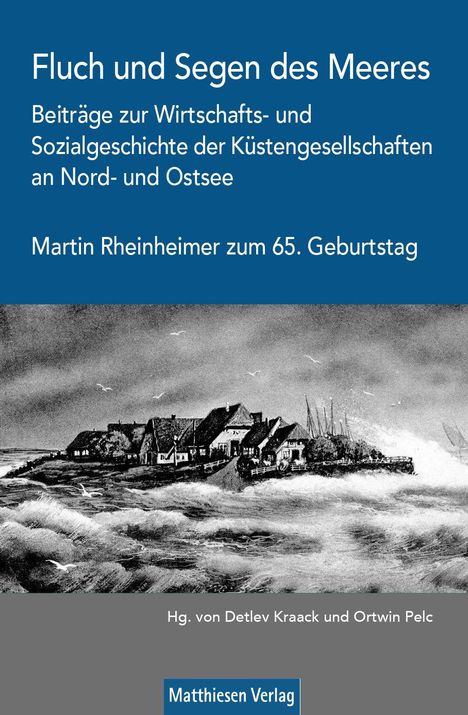 "Fluch und Segen des Meeres", Buch über Küstengesellschaften. Illustration: Küstendorf, stürmisches Meer, Vögel.