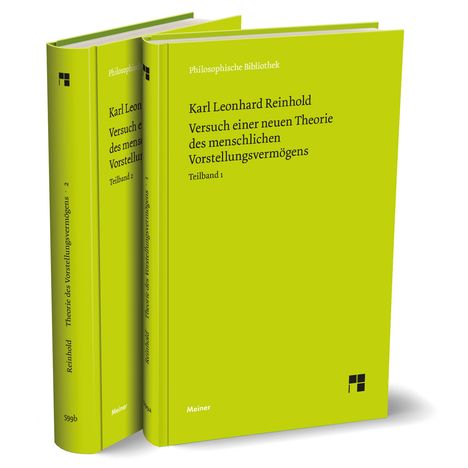Zwei grüne Buchrücken: "Karl Leonhard Reinhold", "Theorie des Vorstellungsvermögens", "Teilband 1", "Teilband 2", "Meiner".