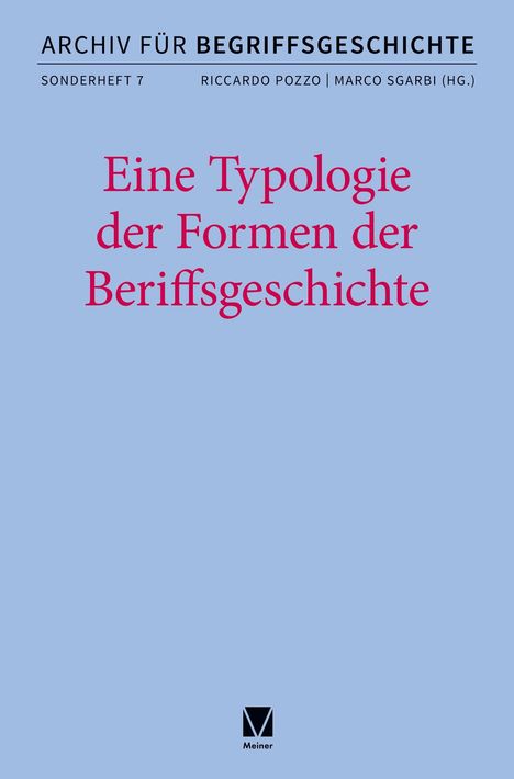 Eine Typologie der Formen der Begriffsgeschichte. Blaues Cover mit schwarzem und rotem Text. Meiner Logo unten.