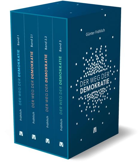 Buchset "Der Weg der Demokratie" von Günter Fröhlich, Bände 1-3. Dunkelblaues Design mit weißen Quadraten.