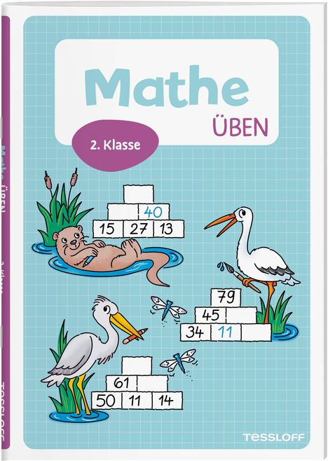„Mathe üben“ und „2. Klasse“. Tiere, die Matheaufgaben auf Wasserpflanzen lösen. Spaßige Illustrationen.