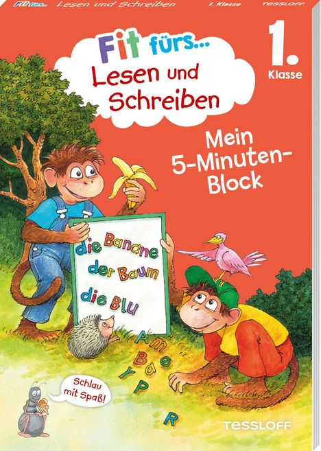Text: "Fit fürs... Lesen und Schreiben", "Mein 5-Minuten-Block", "die Banane der Baum". Zwei Affen, einer mit Banane, ein Igel.