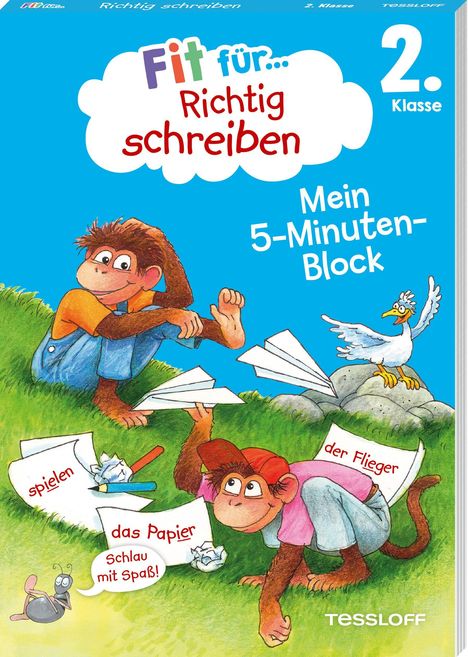 „Fit für... Richtig schreiben“, „2. Klasse“, „Mein 5-Minuten-Block“. Zwei Affen mit Papierfliegern auf einer Wiese.