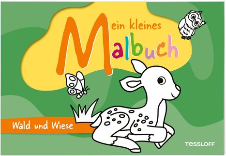 "Mein kleines Malbuch" in bunten Buchstaben. Illustration: ein Reh, eine Eule und ein Schmetterling auf grünem Hintergrund.