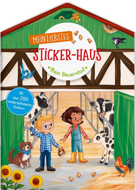 "Mein liebstes Sticker-Haus", "Mein Bauernhof", "Mit über 200 wiederablösbaren Stickern". Illustration von Kindern auf einem Bauernhof mit Tieren und Sonnenblumen.