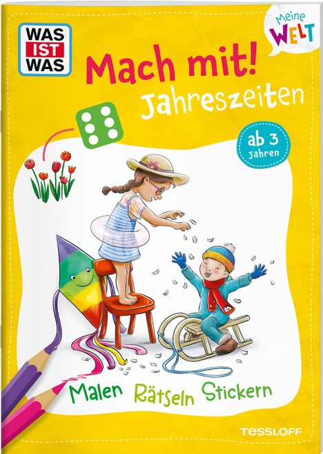 Text: "Mach mit! Jahreszeiten", "ab 3 Jahren", "Malen Rätseln Stickern".  
Illustration: Kinder spielen mit einem Drachen.