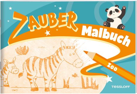 Text: "ZAUBER Malbuch Zoo"
Ein Panda in der Ecke, ein Zebra und ein Bleistift sind gezeichnet.