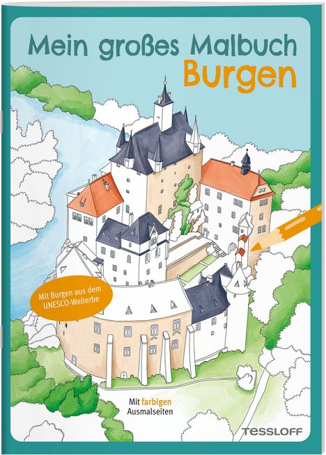 Titel: "Mein großes Malbuch Burgen". Illustration einer Burg mit Bäumen und einem blauen Himmel.