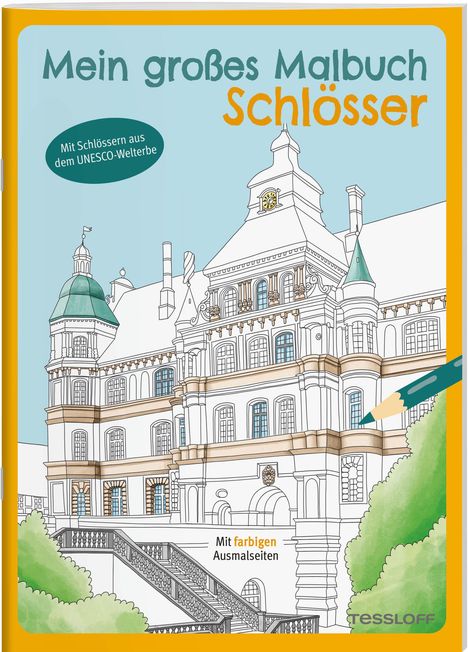 Titel: "Mein großes Malbuch Schlösser". Illustration eines prächtigen Schlosses mit Buntstift und grünen Bäumen.