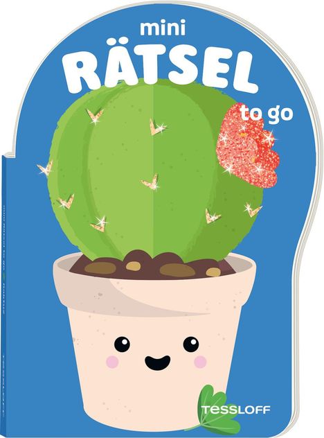 „mini RÄTSEL to go“. Ein fröhlicher, grüner Kaktus mit rosa Blume in einem lächelnden Tontopf.