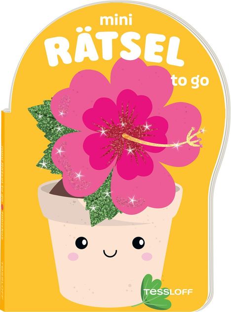 "mini RÄTSEL to go" steht auf gelbem Hintergrund. Eine Illustration zeigt einen niedlichen Blumentopf mit rosa Blüte.