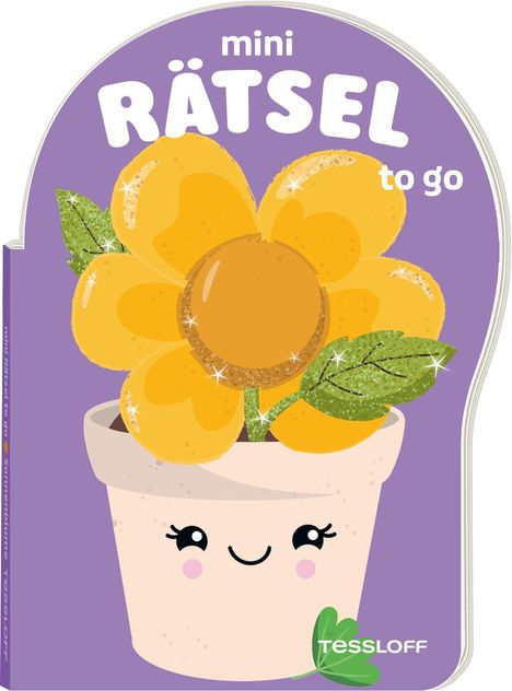 „mini RÄTSEL to go“, lila Hintergrund, gelbe Blume im Topf mit einem lächelnden Gesicht, Illustration.