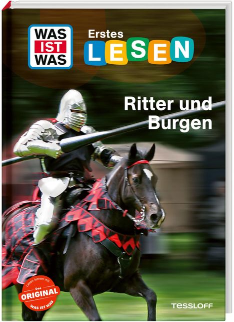 Logo: "WAS IST WAS Erstes LESEN". Text: "Ritter und Burgen". Ein Ritter in Rüstung reitet auf einem Pferd mit rotem Schabracke.