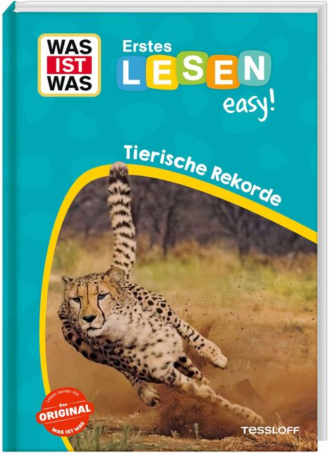 „Erstes Lesen easy!“, „Tierische Rekorde“. Ein Gepard sprintet dynamisch durch die Savanne.