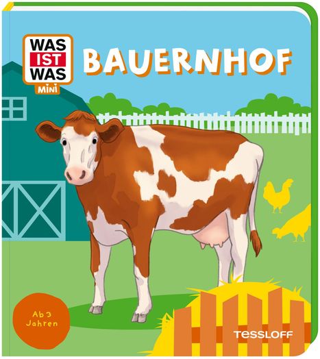„BAUERNHOF“, „Ab 3 Jahren“. Illustration: Kuh auf Wiese, Bauernhof im Hintergrund, gelbe Hühner, blauer Himmel.