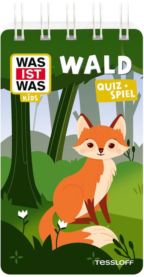 "Was ist was Kids", "Wald", "Quiz + Spiel". Illustration eines Fuchses im Wald, umgeben von Bäumen und Blumen.