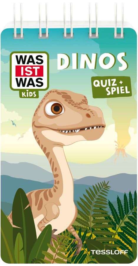 "Was ist was Kids", "DINOS", "Quiz + Spiel". Illustration eines Dinosauriers vor Vulkanlandschaft.