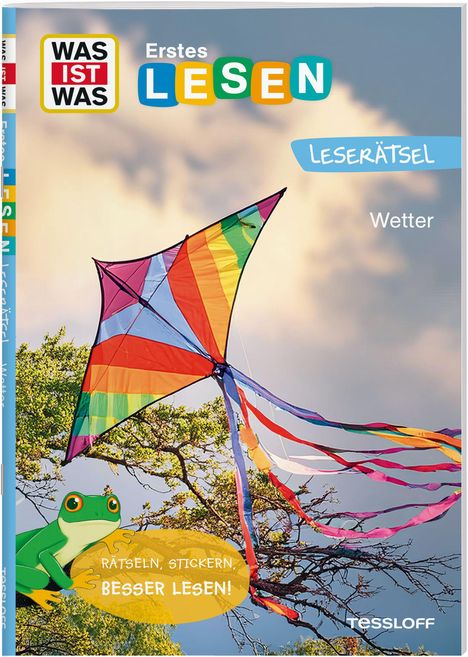 Covertext: "WAS IST WAS Erstes LESEN Leserätsel Wetter. Rätseln, stickern, besser lesen! TESSLOFF."  
Ein bunter Drachen am Himmel.